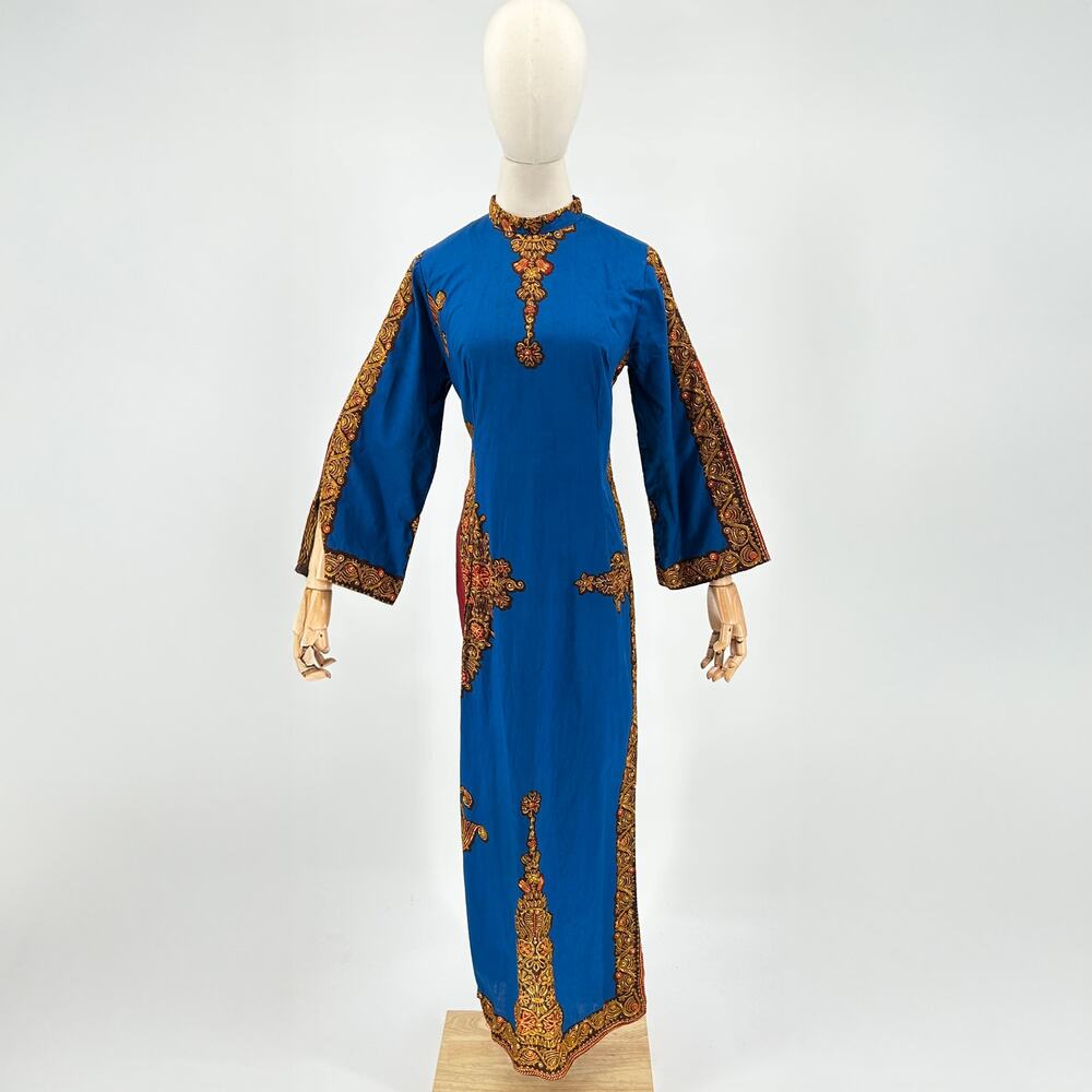 Vintage 70s/80s Bou Boudina Teal Blue Ornate 100% Cotton Tribal Dress